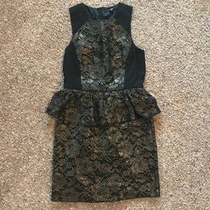 Stylish Tibi Black and Gold Lace Peplum Dress Sz 2